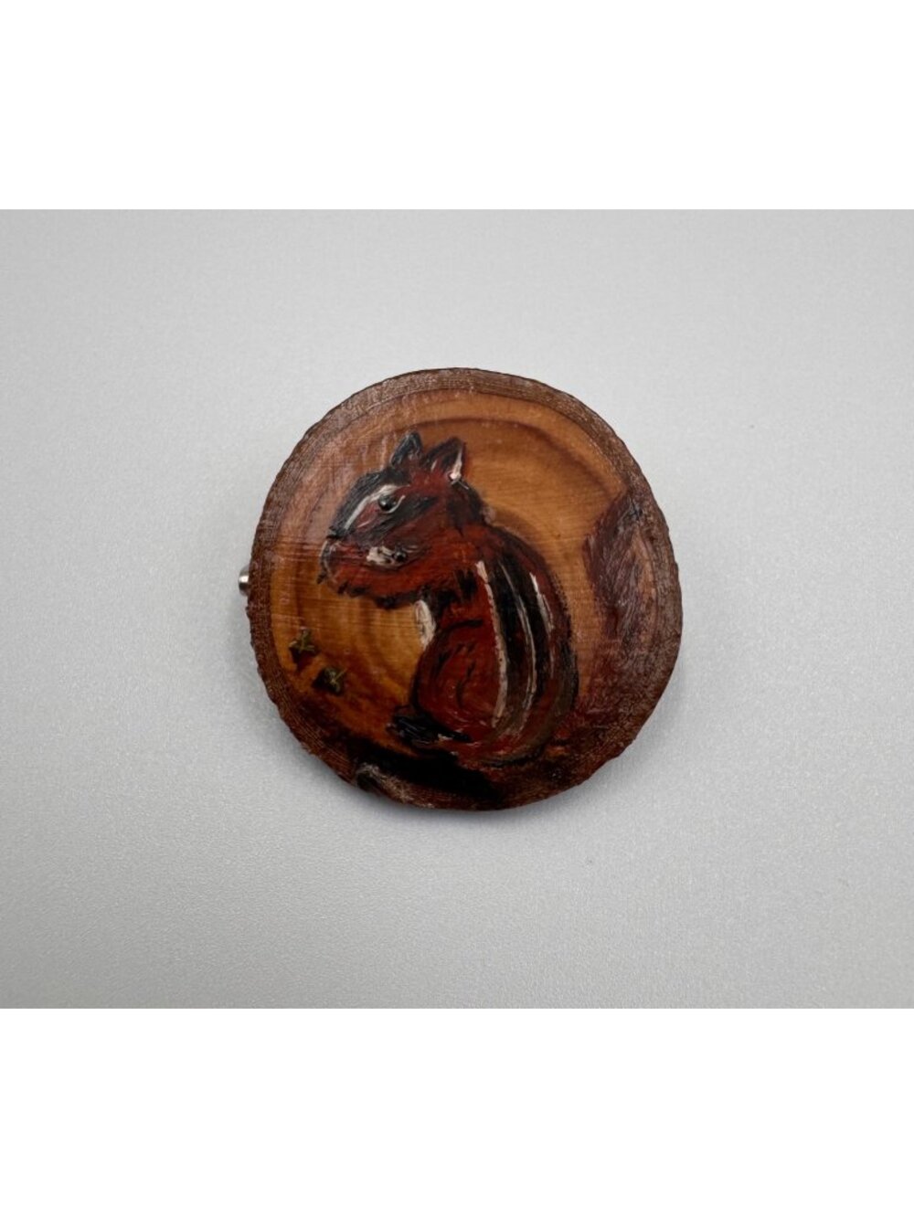 Hand Painted Squirrel Wood Slice Brooch Artisan Folk Art Rustic Woodland Pin